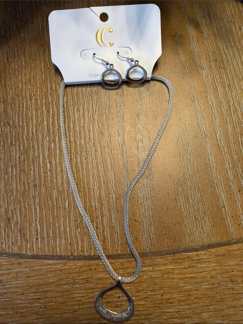 C Silver-Tone Open Teardrop Pendant Necklace with Matching Earrings - Silver